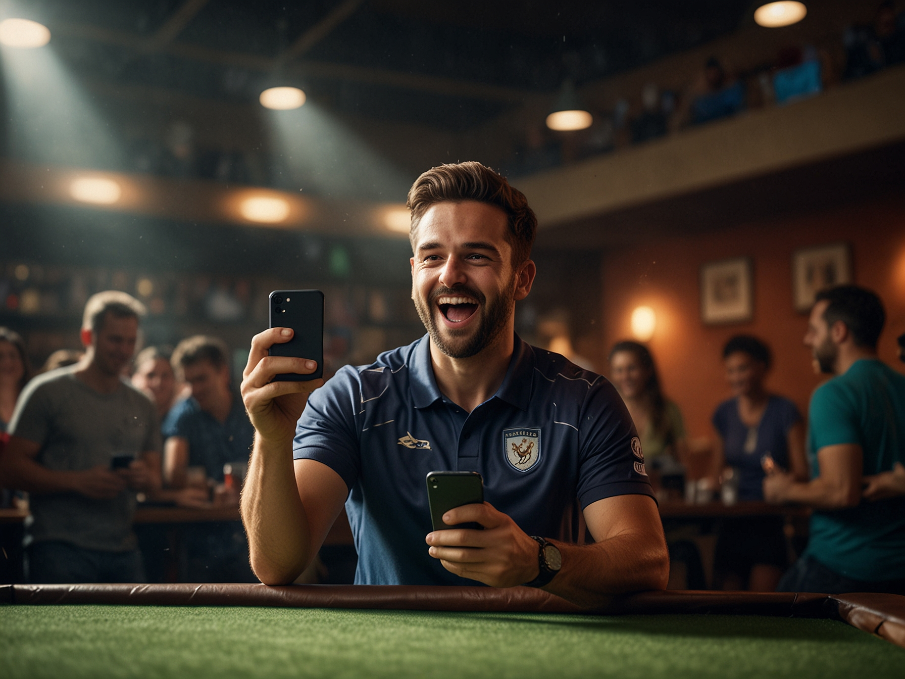 Игрок празднует выигрыш с телефоном